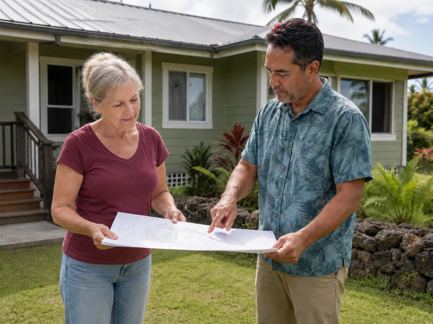 Older homeowner reviewing a property site plan with a local professional at a Hawaiʻi Island home